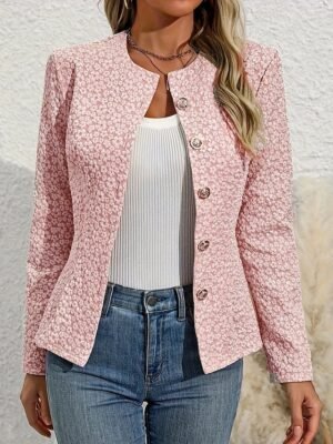 Casual Regular Fit Plain Crewneck Long Sleeve Short Jacket - Image 5