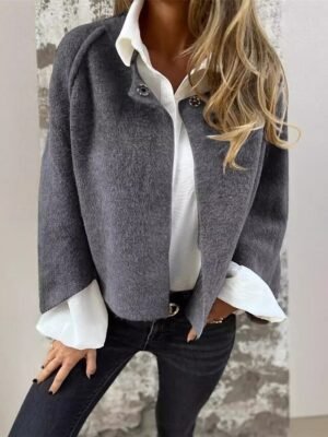 Casual Regular Fit Plain Crewneck Long Sleeve Short Jacket - Image 6