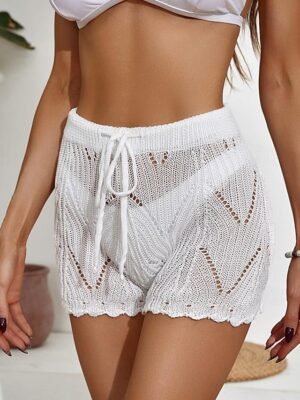 Casual Regular Fit Plain Drawstring Cut Out Crochet Shorts - Image 1