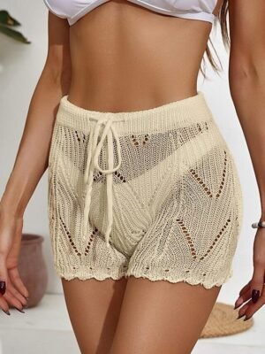 Casual Regular Fit Plain Drawstring Cut Out Crochet Shorts - Image 10