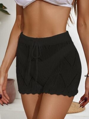 Casual Regular Fit Plain Drawstring Cut Out Crochet Shorts - Image 8