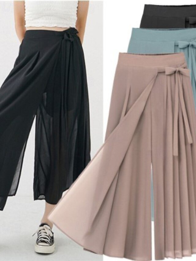 Casual Regular Fit Plain Elastic Waist Full Length Wide Leg Slacks - Image 1