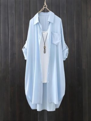 Casual Regular Fit Plain Lapel Long Sleeve Long Shacket - Image 2