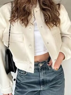 Casual Regular Fit Plain Stand Collar Long Sleeve Short Bomber Jacket - Image 1