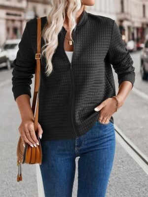 Casual Regular Fit Plain Stand Collar Long Sleeve Short Bomber Jacket - Image 12