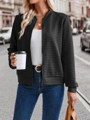 Casual Regular Fit Plain Stand Collar Long Sleeve Short Bomber Jacket - Image 14