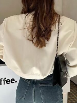 Casual Regular Fit Plain Stand Collar Long Sleeve Short Bomber Jacket - Image 2