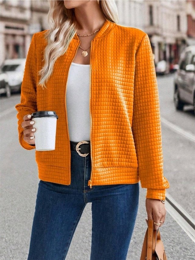 Casual Regular Fit Plain Stand Collar Long Sleeve Short Bomber Jacket - Image 2