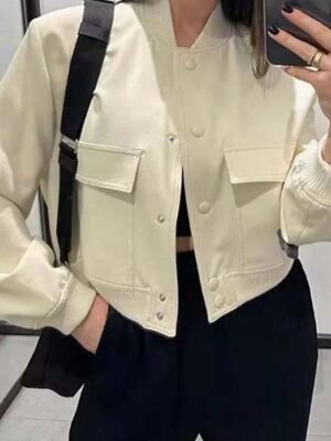 Casual Regular Fit Plain Stand Collar Long Sleeve Short Bomber Jacket - Image 3