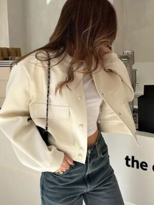 Casual Regular Fit Plain Stand Collar Long Sleeve Short Bomber Jacket - Image 4