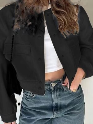 Casual Regular Fit Plain Stand Collar Long Sleeve Short Bomber Jacket - Image 5