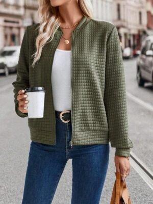 Casual Regular Fit Plain Stand Collar Long Sleeve Short Bomber Jacket - Image 6