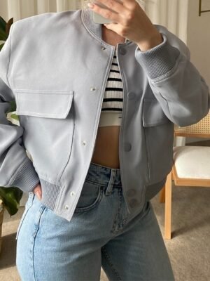 Casual Regular Fit Plain Stand Collar Long Sleeve Short Bomber Jacket - Image 6