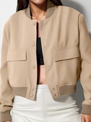 Casual Regular Fit Plain Stand Collar Long Sleeve Short Bomber Jacket - Image 7