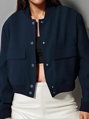 Casual Regular Fit Plain Stand Collar Long Sleeve Short Bomber Jacket - Image 8