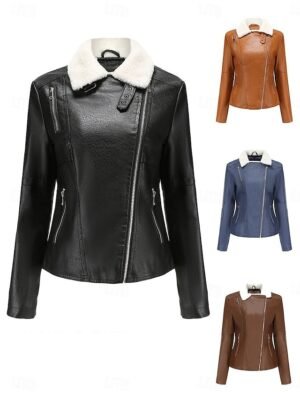 Casual Regular Fit Plain Turndown Long Sleeve Short Faux Leather Jacket - Image 1