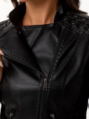 Casual Regular Fit Plain Turndown Long Sleeve Faux Leather Jacket - Image 1
