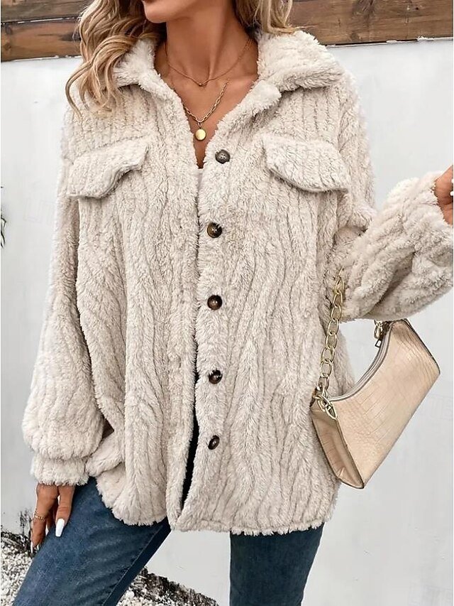 Casual Regular Fit Plain Turndown Long Sleeve Teddy Coat - Image 2