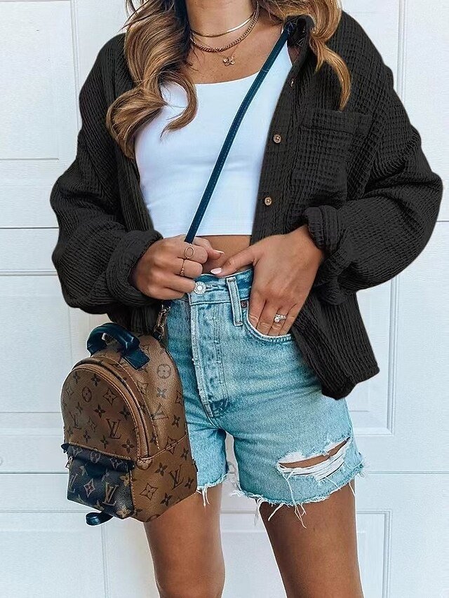 Casual Regular Fit Plain Turndown Long Sleeve Jacket - Image 2