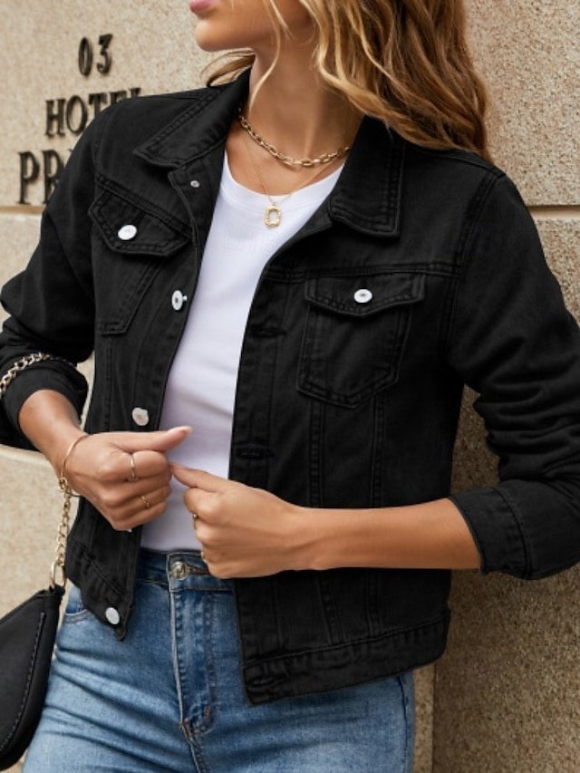 Casual Regular Fit Plain Turndown Long Sleeve Denim Jacket - Image 2