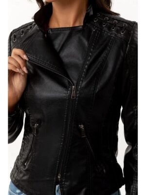 Casual Regular Fit Plain Turndown Long Sleeve Faux Leather Jacket - Image 2