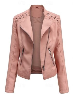 Casual Regular Fit Plain Turndown Long Sleeve Faux Leather Jacket - Image 20
