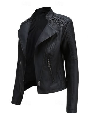 Casual Regular Fit Plain Turndown Long Sleeve Faux Leather Jacket - Image 22