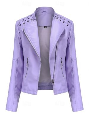 Casual Regular Fit Plain Turndown Long Sleeve Faux Leather Jacket - Image 26