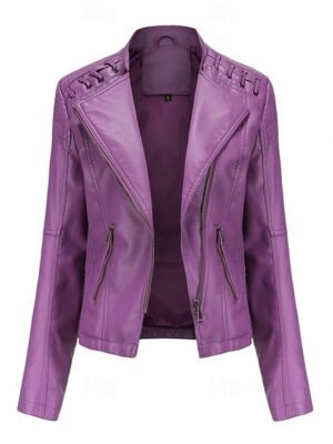 Casual Regular Fit Plain Turndown Long Sleeve Faux Leather Jacket - Image 27