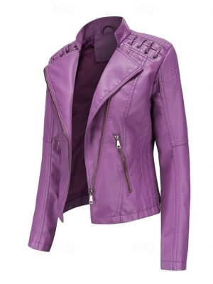 Casual Regular Fit Plain Turndown Long Sleeve Faux Leather Jacket - Image 28
