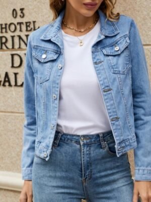 Casual Regular Fit Plain Turndown Long Sleeve Denim Jacket - Image 3