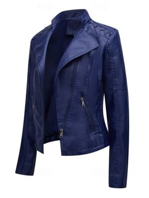 Casual Regular Fit Plain Turndown Long Sleeve Faux Leather Jacket - Image 31