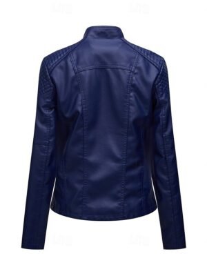 Casual Regular Fit Plain Turndown Long Sleeve Faux Leather Jacket - Image 32
