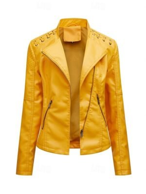 Casual Regular Fit Plain Turndown Long Sleeve Faux Leather Jacket - Image 33