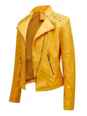 Casual Regular Fit Plain Turndown Long Sleeve Faux Leather Jacket - Image 34