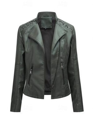 Casual Regular Fit Plain Turndown Long Sleeve Faux Leather Jacket - Image 36
