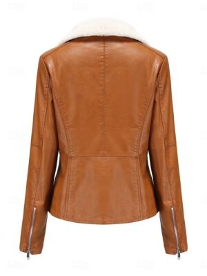 Casual Regular Fit Plain Turndown Long Sleeve Short Faux Leather Jacket - Image 4