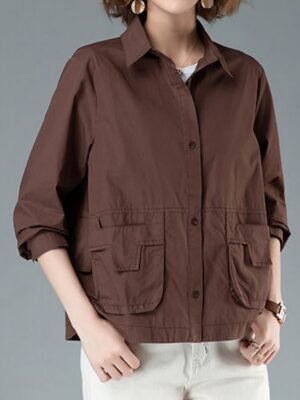 Casual Regular Fit Plain Turndown Long Sleeve Short Jacket - Image 4