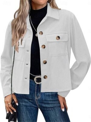 Casual Regular Fit Plain Turndown Long Sleeve Short Shacket - Image 4