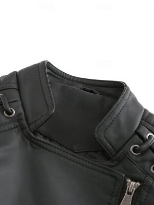 Casual Regular Fit Plain Turndown Long Sleeve Faux Leather Jacket - Image 40