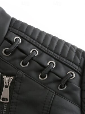 Casual Regular Fit Plain Turndown Long Sleeve Faux Leather Jacket - Image 41