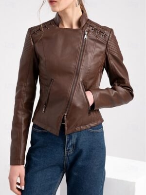 Casual Regular Fit Plain Turndown Long Sleeve Faux Leather Jacket - Image 5