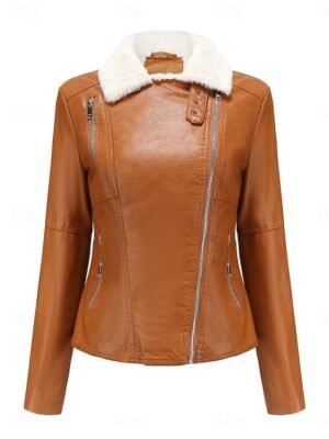 Casual Regular Fit Plain Turndown Long Sleeve Short Faux Leather Jacket - Image 6