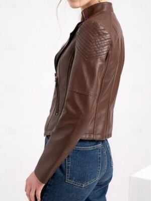 Casual Regular Fit Plain Turndown Long Sleeve Faux Leather Jacket - Image 7