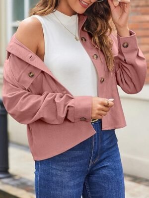 Casual Regular Fit Plain Turndown Long Sleeve Short Shacket - Image 8