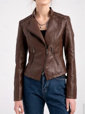 Casual Regular Fit Plain Turndown Long Sleeve Faux Leather Jacket - Image 8