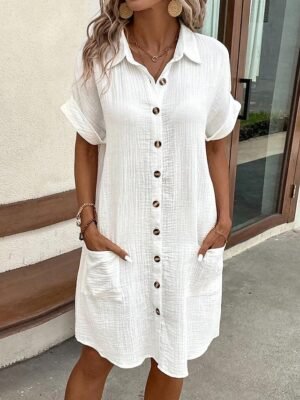 Casual Regular Fit Plain V Neck Short Sleeve Mini Shirt Dress - Image 1