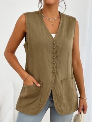 Casual Regular Fit Plain V Neck Sleeveless Short Vest - Image 3