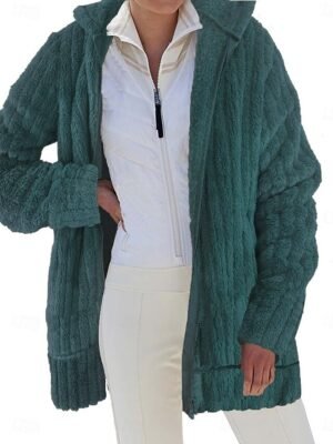 Casual Regular Fit Plain Zipper Long Sleeve Fleece Jacket - Image 3