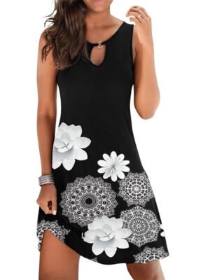 Casual Regular Fit Print Crew Neck Sleeveless Mini Dress - Image 12